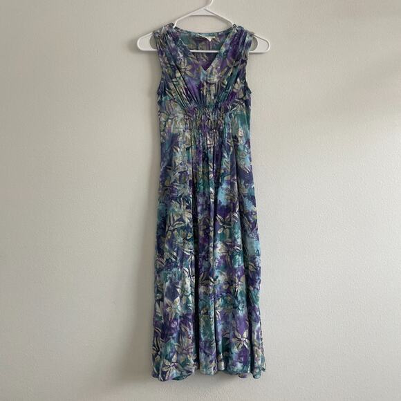 Go Fish Dress Women XS Blue Floral V Neck Maxi Lagenlook Resort Smocked Slip - Picture 1 of 8